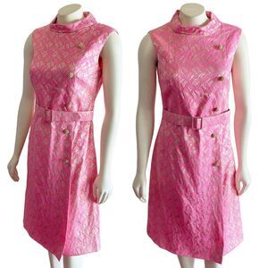 Richard Kaplan 1960s Pink Gold Metallic Thread Belted Vintage Shift Dress Sz 10